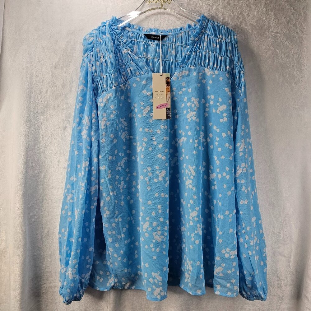 Dokotoo Women Blouse Blue Printed Long Sleeve V-Neck Relax Size XL Traveler